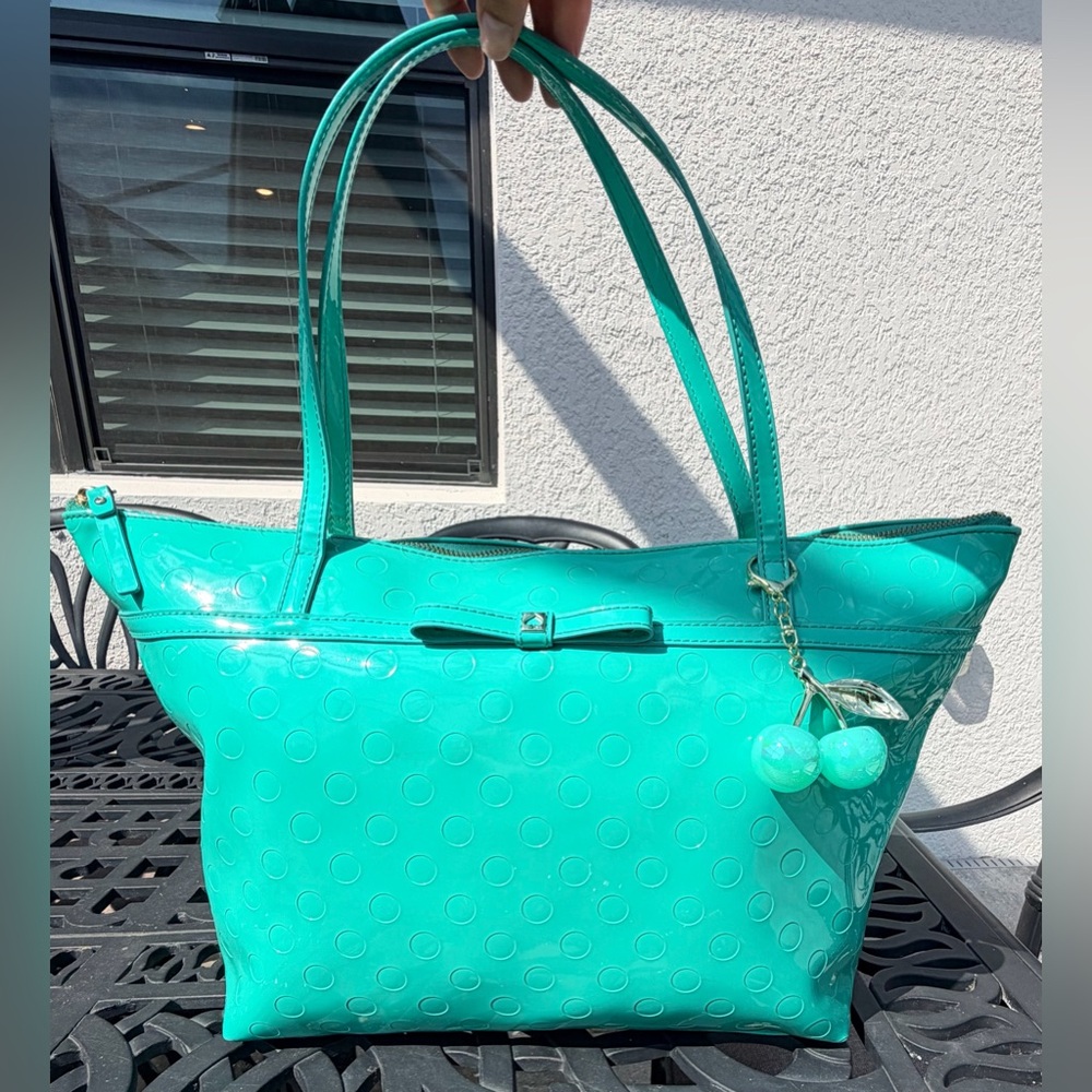 Kate Spade Sophie Camellia Street Teal Tote w Gold Hardware & Matching Cherries - Picture 9 of 17